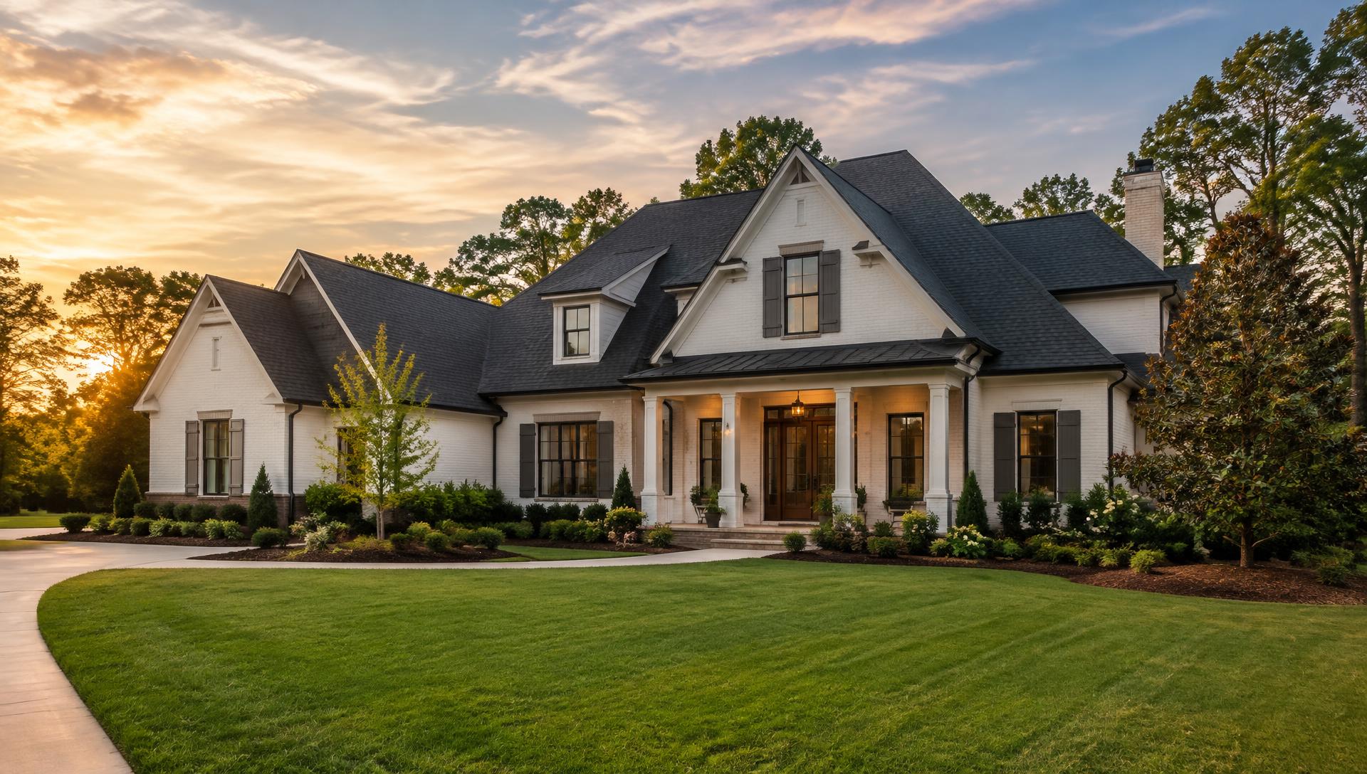 Residential home with a dark shingle roof at sunset (representative stock image)